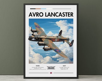 Może przedstawiać: Winietkowa ilustracja bombowca Avro Lancaster lecącego przez zachmurzone niebo. Samolot jest pomalowany w kamuflażowe kolory z czerwoną, białą i niebieską okrągłą odznaką na skrzydłach. Tekst "AVRO LANCASTER" znajduje się w górnej części obrazu. Teksty "ORIGINS" i "ABOUT" znajdują się pod samolotem z informacjami o pochodzeniu i historii samolotu.