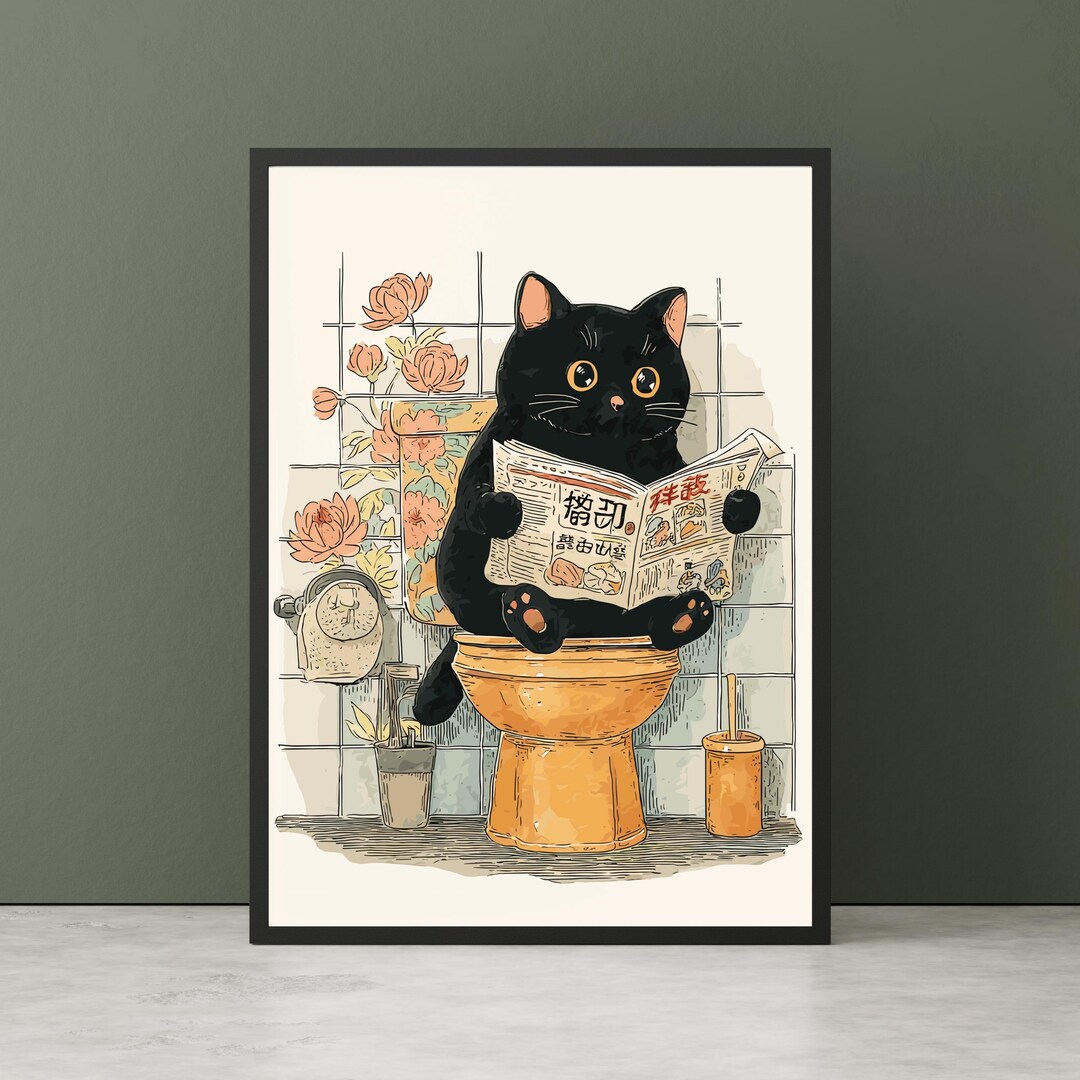 Japanese Black Cat on a Toilet - Funny Bathroom Print, Toilet Poster ...