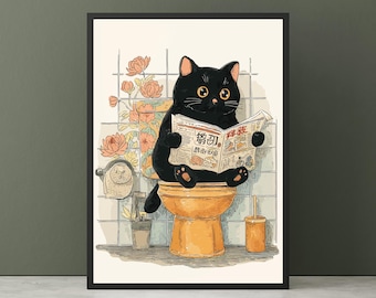Japanese Black Cat on a toilet - Funny bathroom print, Toilet poster, Japan cat Pooping wall art, Neutral print, Unique Cat Lover Gift