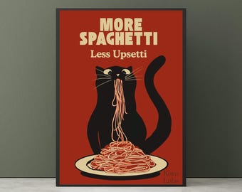 Hungry Cat Spaghetti Print, Humorous Poster, Funny Wall Art for Kitchen