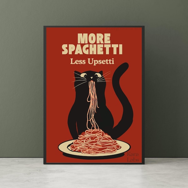 Hungry Cat Spaghetti Print, Humorous Poster, Funny Wall Art for Kitchen
