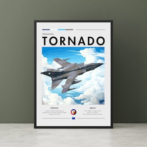 以下が含まれることがあります： 雲の中を飛ぶパナビア トルネード戦闘機が描かれたポスター。ポスターには「PANAVIA TORNADO」という文字が大きく太字で書かれている。ポスターには、航空機の起源と航空機に関する情報も記載されている。