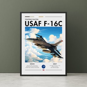 以下が含まれることがあります： 青い空と白い雲を背景に、グレーのF-16C戦闘機が飛行しているポスター。ポスターの上部には「FIGHTING FALCON USAF F-16C」という文字が書かれており、下部には航空機の起源と仕様に関する情報が記載されている。
