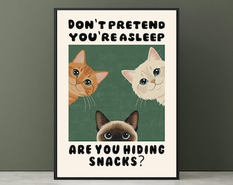 Puede incluir: Un póster enmarcado con tres gatos de dibujos animados sobre un fondo verde. El texto dice "DON'T PRETEND YOU'RE ASLEEP" y "ARE YOU HIDING SNACKS?" Los gatos son naranjas, blancos y siameses.