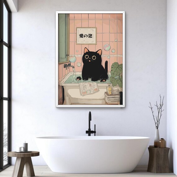 Pancarte Décorative Chat Noir Pour Salle De Bain - Bois, "Bienvenue à La Salle De Bain", Drôle