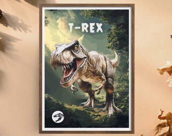 T-Rex恐竜の壁掛けアート、白亜紀ポスター、火山ジャングルプリント