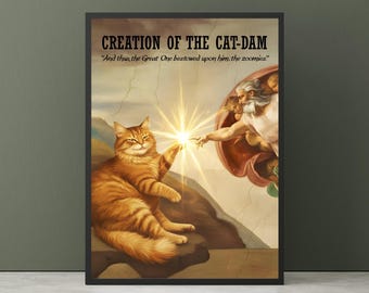 Póster de meme de gato divertido: parodia de La creación de Adán de Miguel Ángel, impresión de arte de gato renacentista.