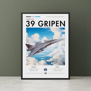 May include: A poster featuring a grey Saab JAS 39 Gripen fighter jet flying through a blue sky with white clouds. The poster includes the text "SAAB JAS 39 GRIPEN" in black lettering. The poster also includes information about the aircraft's origins and about the aircraft.