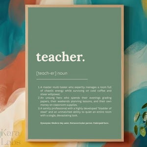 May include: A rectangular wall art print in a light wood frame featuring a sage green background with white text defining the word teacher. The text includes phonetic spelling, a noun classification, and three humorous numbered definitions.