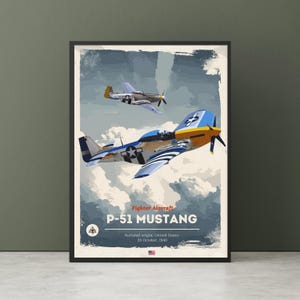 North American P-51 Mustang - WWII Aviation, Korean War, Vintage plane, Retro - style Aviation Print for Pilot Gift, Fighter Jet Wall Art