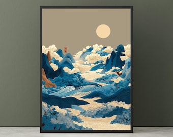3er Set Japanische Landschaft Poster - Blue Mountain Triptychon Wandkunst, Modernes Ukiyo-e Print Set, Zen Natur Galeriewand, Asiatische Landschaftskunst