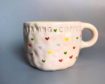 Taza de cerámica hecha a mano, taza de corazón de cerámica, taza de mini corazones de cerámica de café de la mañana