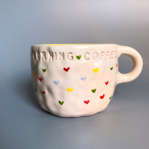 Handmade Ceramic Mug, Ceramic Heart Mug, Morning Coffee Ceramic Mini Hearts Mug