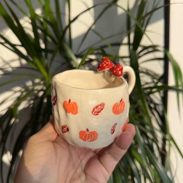 Ceramic Mushroom Mug Handmade Ceramic Autumn Leaves Pumpkin Mushroom Mug, Handmade Clay Mugs