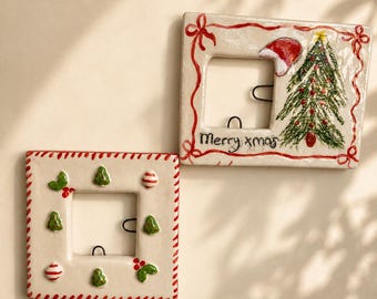 Juego de 2 marcos de cerámica hechos a mano para postales navideñas, marcos de fotos navideños, decoración para el árbol de Navidad, decoración festiva para el hogar, regalo, marco magnético