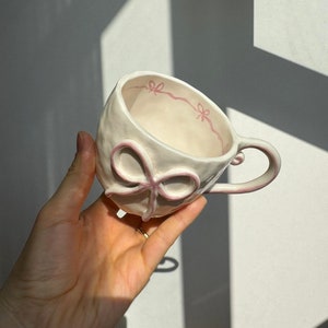 Handmade Ceramic Mug, Pink Bow Ribbon Coffee Cup, Handmade Ceramic Mug, Pink Bow Ribbon Desing Ceramic Mug,Handmade Ceramic Mug With bow