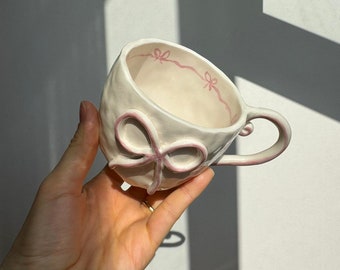 Handmade Ceramic Pink Bow Mug, Pink Bow Ribbon Coffee Cup, Ceramic Ribbon Bow Mug, Handmade Ceramic Mug, Pink Bow Ribbon Desing Ceramic Mug