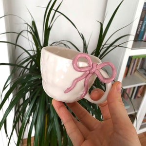 Ceramic Mug With Pink Bow, Bow Handmade Ceramic Mug, Pink Ribbon Ceramic Mug, Handmade Ceramic Mug With bow