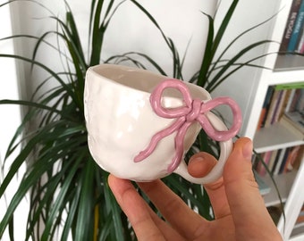 Ceramic Mug With Pink Bow, Bow Handmade Ceramic Mug, Pink Ribbon Ceramic Mug