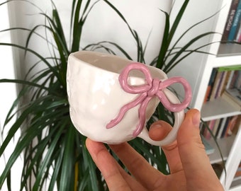 Handmade Ceramic Mug with Pink Bow, Pottery Coffee Cup