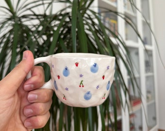 Handmade Ceramic Fruit Mug, Blueberry Strawberry Design