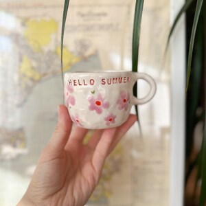 Handmade Ceramic Flowers Mug, Pink Flower Ceramic Mug, Pottery Coffee Mug