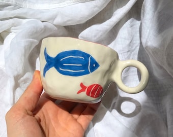 Handmade Ceramic Mug, Blue and Red Fish Design, Minimalist Mug