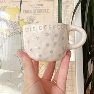 Niebieski Mały Kubek Kwiatowy, Ręcznie Robiony Ceramiczny Kubek, Ceramiczny Kubek Kwiatowy