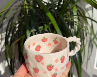 Ceramic Mug, Handmade Ceramic Strawberry Mug, Ceramic Strawberry & Flowers Mug