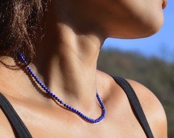 Lapis lazuli beaded necklace | Natural lapis lazuli 3 mm | Denim blue gemstone and 925 sterling silver | AAA quality lapis lazuli