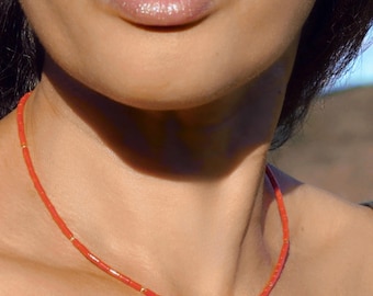 Dainty necklace in Mediterranean coral | Authentic natural Italian red coral 2.4 mm | Red gemstone and 14K gold filled | AAA certified coral