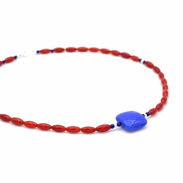 Collier en corail bambou rouge et perle de verre | Corail naturel | Verre soufflé de Murano | Argent sterling 925 | Pierre fine rouge