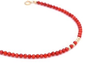 Dainty bracelet in red bamboo coral with 14K gold filled findings | Faceted red gemstone 3 mm | AAA quality bamboo coral