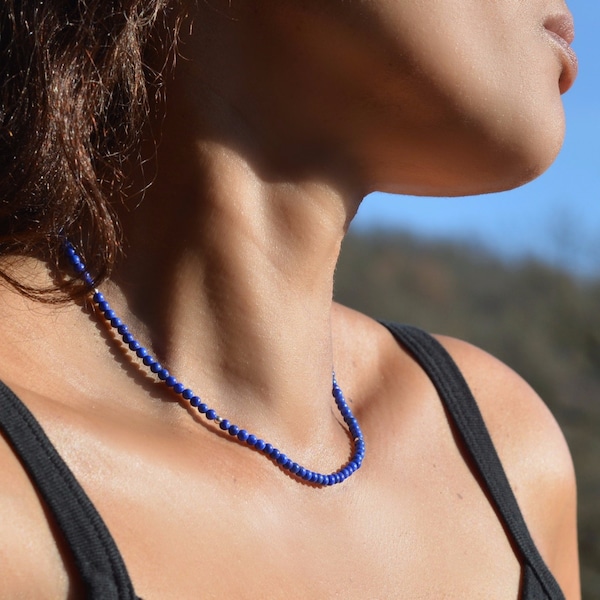 Collier perlé en lapis lazuli | Lapis naturel | Lapis véritable | Argent sterling 925 | Pierre bleu denim | Pierre de naissance septembre