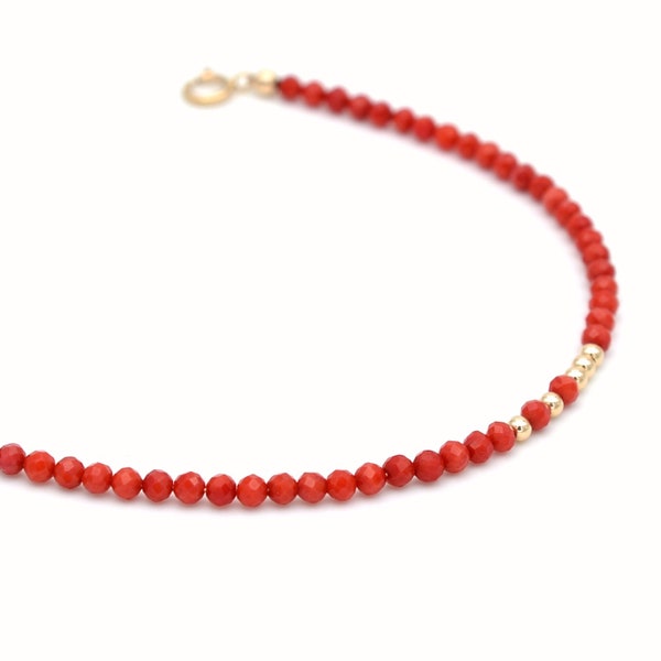 Bracelet fin en corail bambou rouge | Corail naturel | Corail et or | Gold filled 14K | Pierre fine rouge | Pierre de protection