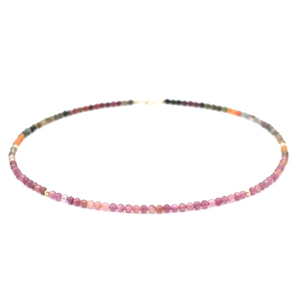 Collier perlé en tourmaline multicolore | Tourmaline naturelle | Gold filled 14K | Pierre fine rose | Pierre de naissance octobre