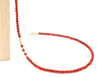 Delicate necklace in red bamboo coral with 14K gold-filled findings | Faceted red gemstone 3 mm | AAA quality bamboo coral