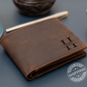 Cartera de cuero personalizada con RFID, cartera de cuero genuino grabada, regalo de aniversario para él, hombre, padre, esposo, novio