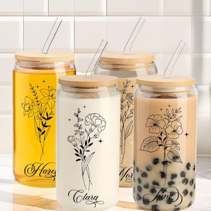 Personalized Birth Flower Tumbler, Gifts for Her, Bridesmaid Proposal Gift, Mother&#39;s Day Gift, Birthday Present, Custom Glass Coffee Cup