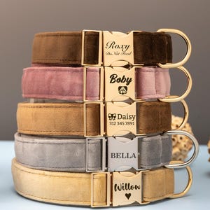 Multiple Colour Velvet Personalise Dog Collar Leash Set with Bow, Brown+Grey+Beige, Engraved Pet Name Plate Metal Buckle, Wedding Puppy Gift