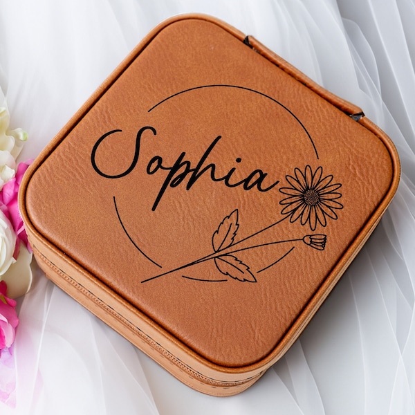 Birth Flower Jewelry Travel Case, Birth Month Flower Gift, Personalized Birthday Gift, Leather Jewelry Travel Case, Custom Jewelry Case