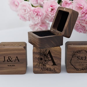 Personalized Engraved Engagement Ring Box, Custom Wooden Wedding Ceremony Ring Box, Square Ring Bearer, Anniversary,Proposal Ring Box Holder