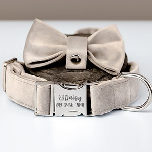 Luxury Velvet Personalized Dog Collar Leash Set with Bow, Grey+Coffee+Beige+Dusty Pink, Custom Engraved Pet Name, Wedding Puppy Gift