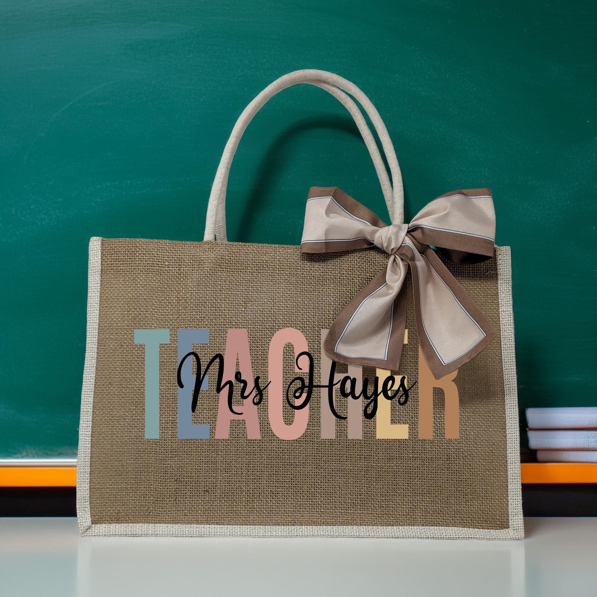 Personalization Teacher Name Burlap Tote Bag, Teacher Appreciation Gift, Elementary Teacher Tote Bag, Teachers Gift, Gift For Teacher