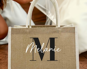 Sacs fourre-tout personnalisés en toile de jute, sac en jute avec nom personnalisé, sac cadeau de demoiselle d'honneur, sac de plage monogramme EVJF, cadeau faveurs de mariage pour elle