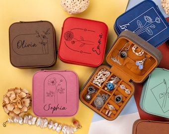 Birth Flower Jewelry Travel Case, Birth Month Flower Gift, Personalized Birthday Gift, Leather Jewelry Travel Case, Custom Jewelry Case