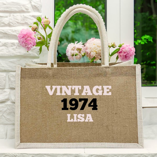 Personalized Burlap Tote Bags, Vintage 1974 Custom Name Jute Bag, 60th Birthday Gift For Women, For Her Birth Year 1974 Gift Bag