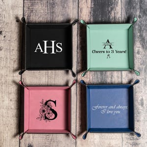 Initial Engraved Valet Tray Gift for Dad, Personalized Leather Catchall for Men, 3rd Anniversary, Monogrammed Home Decor, Gift for Him