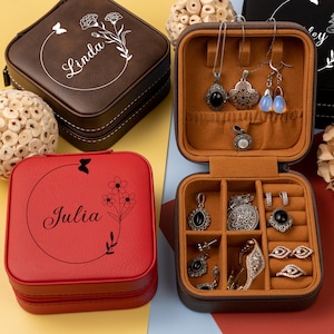 Personalized Travel Jewelry Box, Bridesmaid Proposal Gifts, Gifts for Her, Party Favors, Custom Birth Flower Jewelry Case, Jewelry Organizer