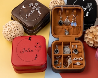 Personalized Travel Jewelry Box, Bridesmaid Proposal Gifts, Gifts for Her, Party Favors, Custom Birth Flower Jewelry Case, Jewelry Organizer